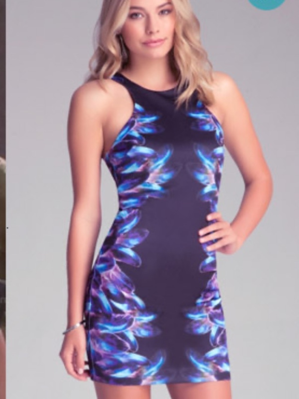 Bebe graphic feather mini party dress